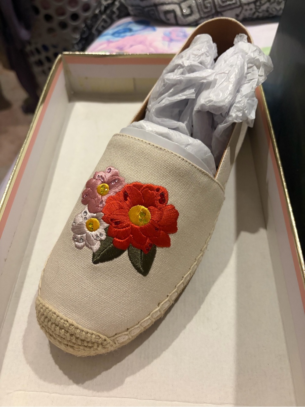 kate spade Cream Canvas Espadrille with Red & Pink Embroidered Flowers